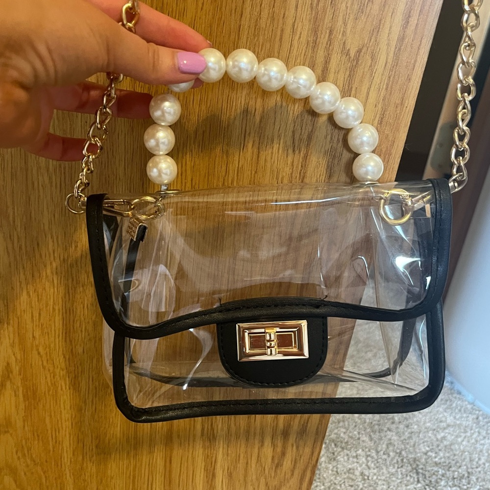 Clear Pearl Handle Bag with Black Trim